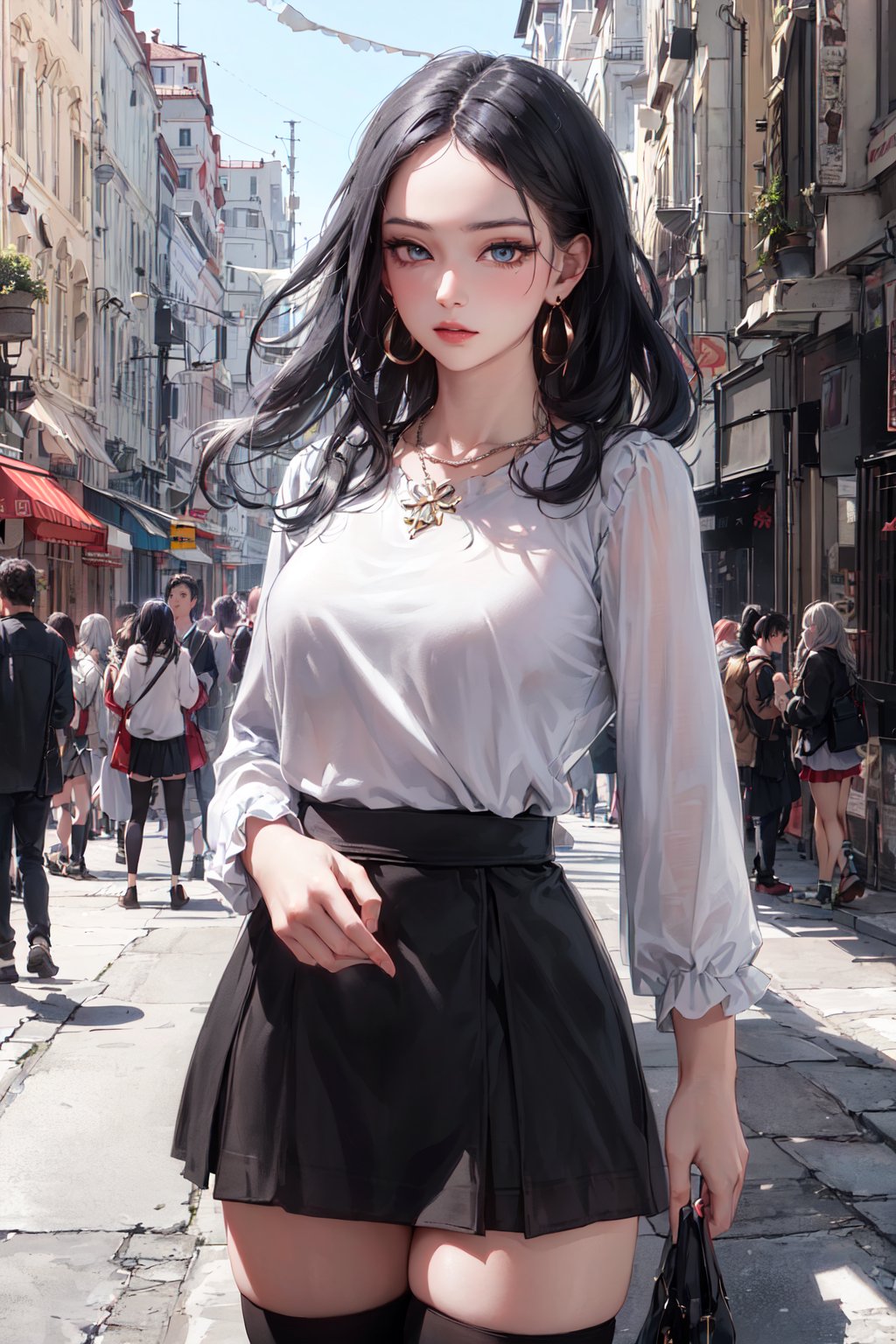 (1girl), (masterpiece:1.6, best quality), (finely detailed beautiful eyes: 1.2), (extremely detailed CG unity 8k wallpaper, masterpiece, ultra-detailed, best shadow), (detailed background), (beautiful detailed face, beautiful detailed eyes), High contrast, (best illumination, an extremely delicate and beautiful), (light and shadow:1.2), (colorful light), ((ray tracing ambient occulusion)), (post processing:1.3), (cgi art:1.3), (realistic:1.2), (dress, skirt, thighhighs,necklace, earrings), (black hair, gray hair), gradient hair, two-tone hair, two color hair, (forehead:1.2), eyeliner, eyeshadow, (fuji film, 8k raw photo),shoot by nikkon, street, street city, crowded, (perfect eyes, beautiful eyes), (beautiful girl) 