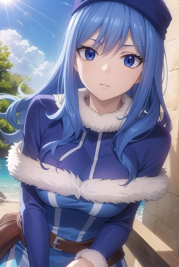 juvialockser, <lora:juvia lockser s7-lora-nochekaiser:1>,juvia lockser, long hair, blue eyes, blue hair, wavy hair, hair between eyes,BREAK hat, dress, belt, fur trim, fur hat, capelet, blue dress, long sleeves,BREAK outdoors, nature, forest, sky, clouds, sun,BREAK looking at viewer, (cowboy shot:1.5),BREAK <lyco:GoodHands-beta2:1>, (masterpiece:1.2), best quality, high resolution, unity 8k wallpaper, (illustration:0.8), (beautiful detailed eyes:1.6), extremely detailed face, perfect lighting, extremely detailed CG, (perfect hands, perfect anatomy),