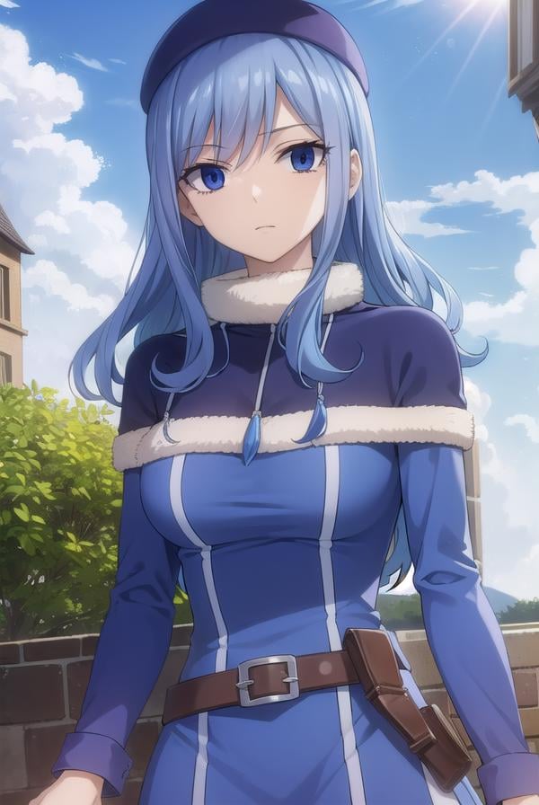 juvialockser, <lora:juvia lockser s7-lora-nochekaiser:1>,juvia lockser, long hair, blue eyes, blue hair, wavy hair, hair between eyes,BREAK hat, dress, belt, fur trim, fur hat, capelet, blue dress, long sleeves,BREAK outdoors, nature, forest, sky, clouds, sun,BREAK looking at viewer, (cowboy shot:1.5),BREAK <lyco:GoodHands-beta2:1>, (masterpiece:1.2), best quality, high resolution, unity 8k wallpaper, (illustration:0.8), (beautiful detailed eyes:1.6), extremely detailed face, perfect lighting, extremely detailed CG, (perfect hands, perfect anatomy),