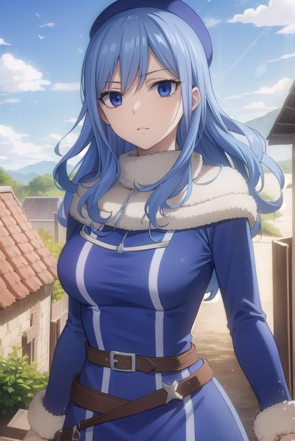 juvialockser, <lora:juvia lockser s7-lora-nochekaiser:1>,juvia lockser, long hair, blue eyes, blue hair, wavy hair, hair between eyes,BREAK hat, dress, belt, fur trim, fur hat, capelet, blue dress, long sleeves,BREAK outdoors, nature, forest, sky, clouds, sun,BREAK looking at viewer, (cowboy shot:1.5),BREAK <lyco:GoodHands-beta2:1>, (masterpiece:1.2), best quality, high resolution, unity 8k wallpaper, (illustration:0.8), (beautiful detailed eyes:1.6), extremely detailed face, perfect lighting, extremely detailed CG, (perfect hands, perfect anatomy),