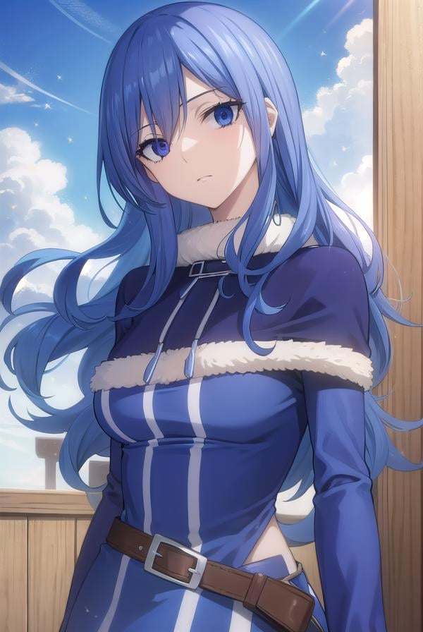 juvialockser, <lora:juvia lockser s7-lora-nochekaiser:1>,juvia lockser, long hair, blue eyes, blue hair, wavy hair, hair between eyes,BREAK hat, dress, belt, fur trim, fur hat, capelet, blue dress, long sleeves,BREAK outdoors, nature, forest, sky, clouds, sun,BREAK looking at viewer, (cowboy shot:1.5),BREAK <lyco:GoodHands-beta2:1>, (masterpiece:1.2), best quality, high resolution, unity 8k wallpaper, (illustration:0.8), (beautiful detailed eyes:1.6), extremely detailed face, perfect lighting, extremely detailed CG, (perfect hands, perfect anatomy),