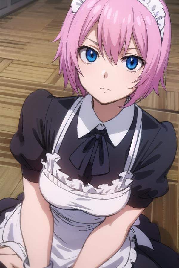 fairytailvirgo, <lora:fairy tail virgo s7-lora-nochekaiser:1>,maid virgo, short hair, bangs, blue eyes, pink hair,BREAK thighhighs, dress, short sleeves, shoes, puffy sleeves, black footwear, apron, black dress, white thighhighs, puffy short sleeves, zettai ryouiki, maid, maid headdress, white apron, maid apron, cuffs, enmaided, handcuffs,BREAK indoors,BREAK looking at viewer, (cowboy shot:1.5),BREAK <lyco:GoodHands-beta2:1>, (masterpiece:1.2), best quality, high resolution, unity 8k wallpaper, (illustration:0.8), (beautiful detailed eyes:1.6), extremely detailed face, perfect lighting, extremely detailed CG, (perfect hands, perfect anatomy),