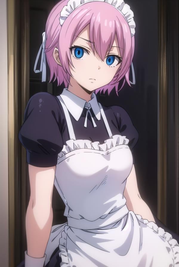 fairytailvirgo, <lora:fairy tail virgo s7-lora-nochekaiser:1>,maid virgo, short hair, bangs, blue eyes, pink hair,BREAK thighhighs, dress, short sleeves, shoes, puffy sleeves, black footwear, apron, black dress, white thighhighs, puffy short sleeves, zettai ryouiki, maid, maid headdress, white apron, maid apron, cuffs, enmaided, handcuffs,BREAK indoors,BREAK looking at viewer, (cowboy shot:1.5),BREAK <lyco:GoodHands-beta2:1>, (masterpiece:1.2), best quality, high resolution, unity 8k wallpaper, (illustration:0.8), (beautiful detailed eyes:1.6), extremely detailed face, perfect lighting, extremely detailed CG, (perfect hands, perfect anatomy),