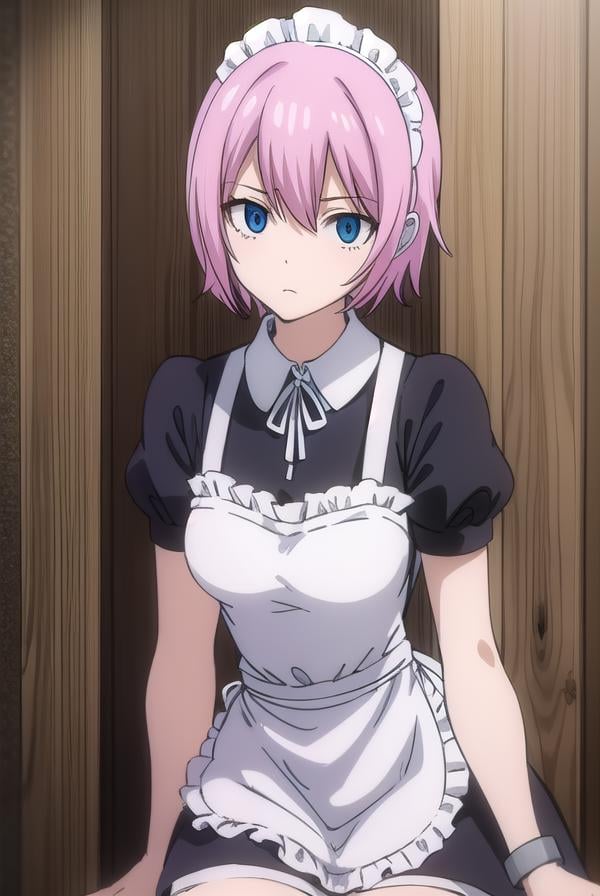 fairytailvirgo, <lora:fairy tail virgo s7-lora-nochekaiser:1>,maid virgo, short hair, bangs, blue eyes, pink hair,BREAK thighhighs, dress, short sleeves, shoes, puffy sleeves, black footwear, apron, black dress, white thighhighs, puffy short sleeves, zettai ryouiki, maid, maid headdress, white apron, maid apron, cuffs, enmaided, handcuffs,BREAK indoors,BREAK looking at viewer, (cowboy shot:1.5),BREAK <lyco:GoodHands-beta2:1>, (masterpiece:1.2), best quality, high resolution, unity 8k wallpaper, (illustration:0.8), (beautiful detailed eyes:1.6), extremely detailed face, perfect lighting, extremely detailed CG, (perfect hands, perfect anatomy),