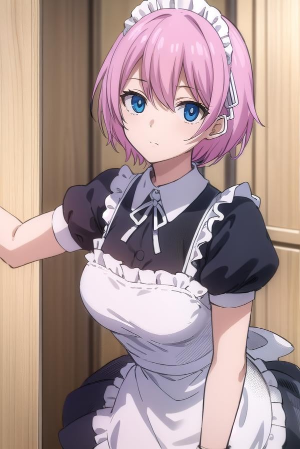 fairytailvirgo, <lora:fairy tail virgo s7-lora-nochekaiser:1>,maid virgo, short hair, bangs, blue eyes, pink hair,BREAK thighhighs, dress, short sleeves, shoes, puffy sleeves, black footwear, apron, black dress, white thighhighs, puffy short sleeves, zettai ryouiki, maid, maid headdress, white apron, maid apron, cuffs, enmaided, handcuffs,BREAK indoors,BREAK looking at viewer, (cowboy shot:1.5),BREAK <lyco:GoodHands-beta2:1>, (masterpiece:1.2), best quality, high resolution, unity 8k wallpaper, (illustration:0.8), (beautiful detailed eyes:1.6), extremely detailed face, perfect lighting, extremely detailed CG, (perfect hands, perfect anatomy),