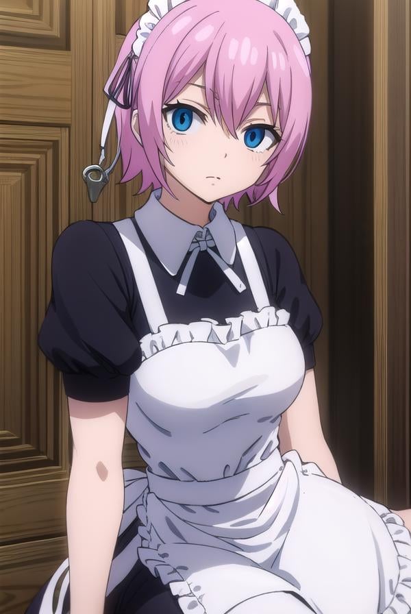 fairytailvirgo, <lora:fairy tail virgo s7-lora-nochekaiser:1>,maid virgo, short hair, bangs, blue eyes, pink hair,BREAK thighhighs, dress, short sleeves, shoes, puffy sleeves, black footwear, apron, black dress, white thighhighs, puffy short sleeves, zettai ryouiki, maid, maid headdress, white apron, maid apron, cuffs, enmaided, handcuffs,BREAK indoors,BREAK looking at viewer, (cowboy shot:1.5),BREAK <lyco:GoodHands-beta2:1>, (masterpiece:1.2), best quality, high resolution, unity 8k wallpaper, (illustration:0.8), (beautiful detailed eyes:1.6), extremely detailed face, perfect lighting, extremely detailed CG, (perfect hands, perfect anatomy),