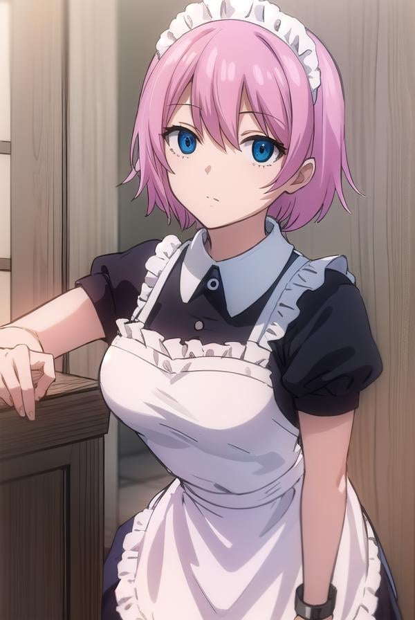 fairytailvirgo, <lora:fairy tail virgo s7-lora-nochekaiser:1>,maid virgo, short hair, bangs, blue eyes, pink hair,BREAK thighhighs, dress, short sleeves, shoes, puffy sleeves, black footwear, apron, black dress, white thighhighs, puffy short sleeves, zettai ryouiki, maid, maid headdress, white apron, maid apron, cuffs, enmaided, handcuffs,BREAK indoors,BREAK looking at viewer, (cowboy shot:1.5),BREAK <lyco:GoodHands-beta2:1>, (masterpiece:1.2), best quality, high resolution, unity 8k wallpaper, (illustration:0.8), (beautiful detailed eyes:1.6), extremely detailed face, perfect lighting, extremely detailed CG, (perfect hands, perfect anatomy),