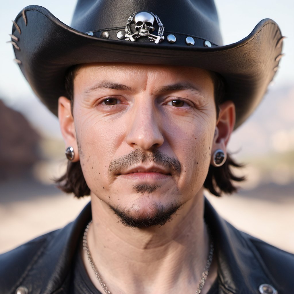 ch3st3r, portrait of a man, wearing biker outfit and a cowboy hat, round iris, pirate earrings <lora:ch3st3r_001_SDXL1_ada-000026:0.8>