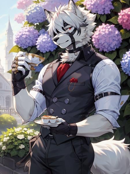 best quality, ultra high res,1furry boy， solo，，((detailed eyes))， volumetric lighting, amazing, finely detail, outdoor, in western garden, afternoon tea, hydrangea, shirt, pants, vest,( fur, furry, (((white fur)))), white hair, lycaon, short hair, wolf ears, eyepatch, tail, wolf boy,  red eyes