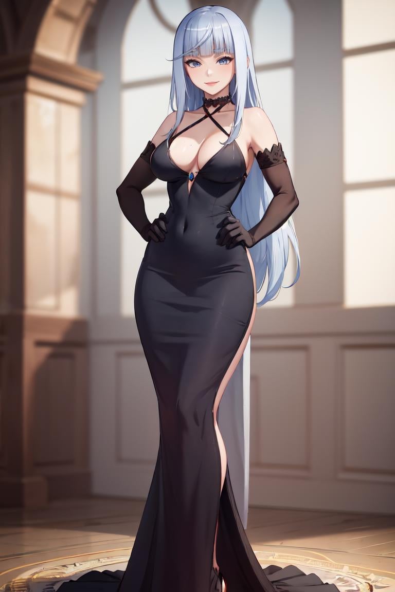 masterpiece, best quality, absurdres, perfect anatomy, 1girl, solo, MegamiSaikou, elegant, long dress, black dress, halterneck, smile, indoors, palace, jewelry, standing, hands on hips, <lora:CHAR-MegamiSaikou:1>