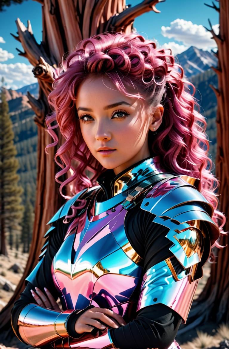 masterpice, photorealistic highly detailed 8k photography, best cinematic quality, <lora:HaDeS_Armor_XL_V2.0-000004:1> pink curly hair girl in crstlhdsrmr nhdsrmr, crossed arms,  Ancient Bristlecone Pine Forests background
