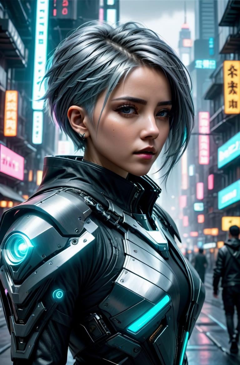 masterpice, photorealistic highly detailed 8k photography, best cinematic quality, <lora:HaDeS_Armor_XL_V2.0-000004:1> gray pointy hair non-binary in chhdsrmr crstlhdsrmr nhdsrmr, adjusting her collar,  Futuristic Cyberpunk Cityscapes background