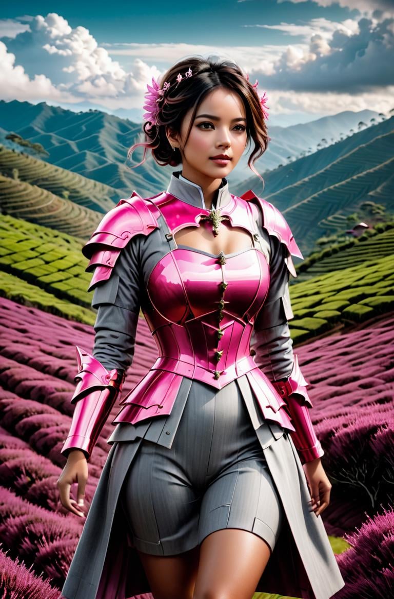 masterpice, best cinematic quality, <lora:HaDeS_Armor_XL_V2.0-000004:1> pink razor cut young woman in Heather Gray hlhdsrmr nhdsrmr, Tea Plantations in the Clouds background