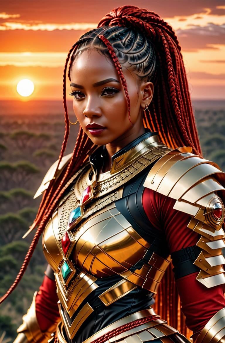 masterpice, photorealistic highly detailed 8k photography, best cinematic quality, <lora:HaDeS_Armor_XL_V2.0-000004:1> red box braids female in crstlhdsrmr chhdsrmr hlhdsrmr nhdsrmr, fighting stance,  Safari Sunsets background