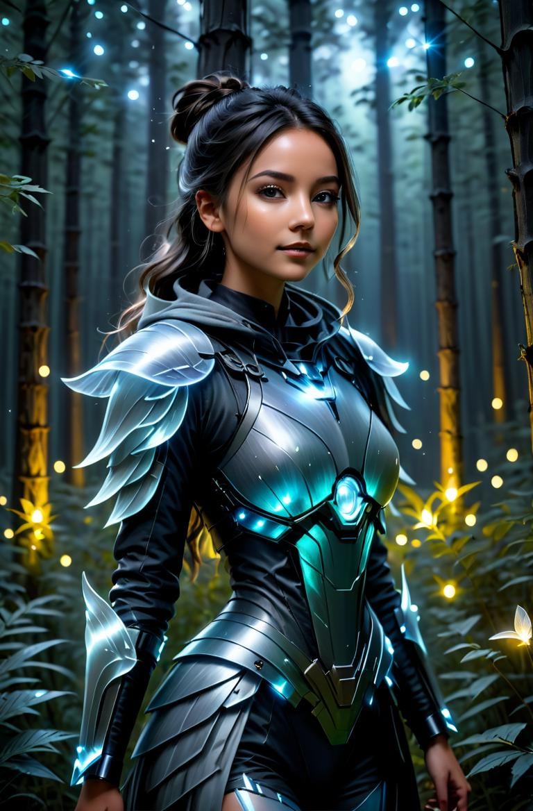 <lora:HaDeS_Armor_XL_V2.0-000003:1> young woman in Neutral Gray chhdsrmr, Glowing Firefly Forest background