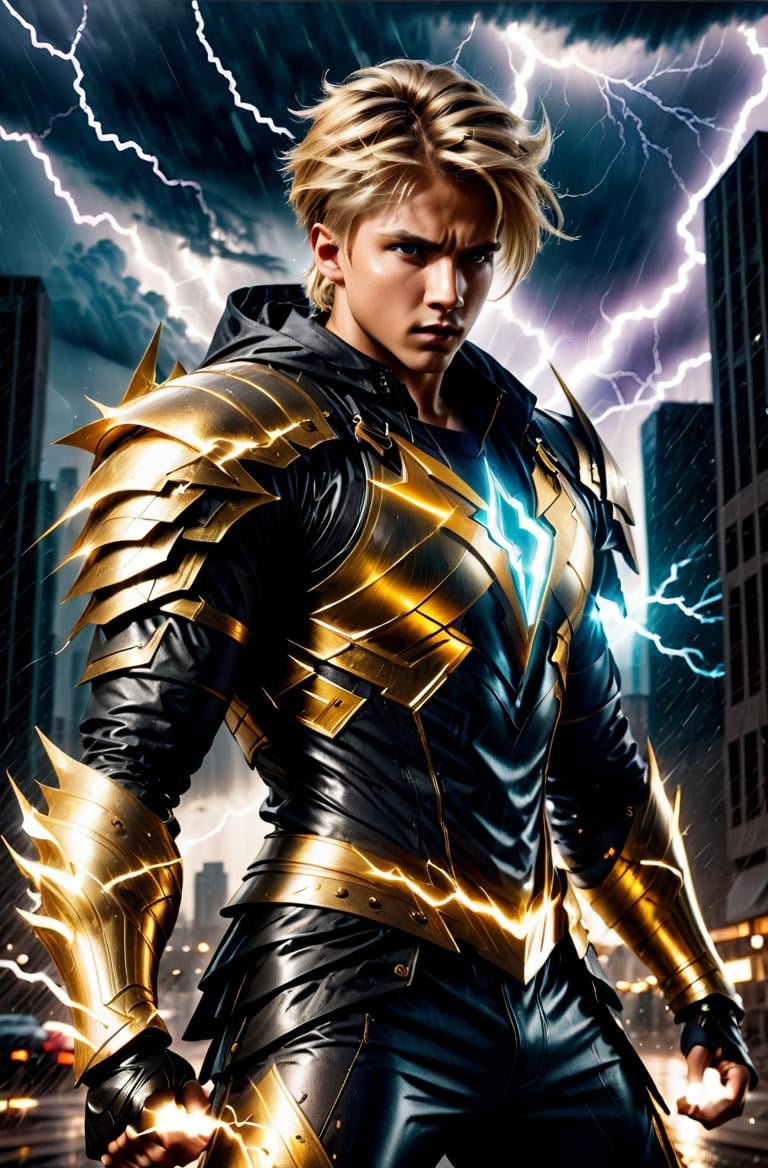 masterpice, photorealistic highly detailed 8k photography, best cinematic quality, <lora:HaDeS_Armor_XL_V2.0-000004:1> dirty blonde sleek hair boy in chhdsrmr hlhdsrmr nhdsrmr, fighting stance,  Dramatic Lightning Storms over Cityscapes background