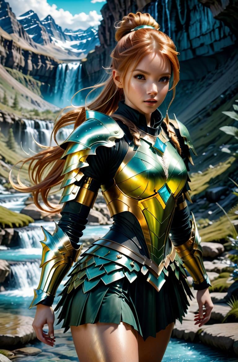 masterpice, photorealistic highly detailed 8k photography, best cinematic quality, <lora:HaDeS_Armor_XL_V2.0-000004:1> strawberry blonde ponytail girl in crstlhdsrmr chhdsrmr hlhdsrmr nhdsrmr, fighting stance,  Enchanted Fairy Pools background