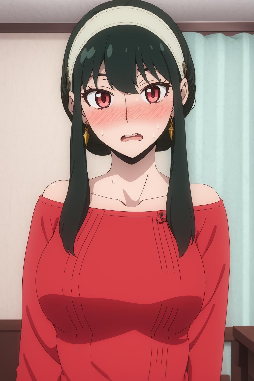 <lora:约尔3V:1>,yor briar, 1girl, blush, black hair, hairband, jewelry, earrings, open mouth, solo, wide-eyed, sidelocks, red sweater, upper body, sweater, surprised, bangs, collarbone, off shoulder, white hairband, bare shoulders, indoors, long hair, gold earrings, sweat, looking at viewer, short hair with long locks, breasts, Exquisite visuals, high-definition,masterpiece,best quality,Exquisite visuals,high-definition,masterpiece,best quality,18yo,Young female,Beautiful Fingers,Beautiful long legs,Beautiful body,Beautiful character design,