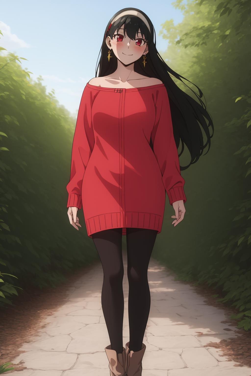 outdoors, nature, <lora:约尔3V:1>,yor briar,1girl,solo,greeen hair,long hair,bangs,gold earrings,red eyes,sidelocks,blush, light smile, 红﷿露背,jewelry,white hairband,sweater dress,red sweater,collarbone,bare shoulders,off shoulder,black pantyhose,brown footwear,boots,high heels,, Exquisite visuals, high-definition,masterpiece,best quality,Exquisite visuals,high-definition,masterpiece,best quality,18yo,Young female,Beautiful Fingers,Beautiful long legs,Beautiful body,Beautiful character design,