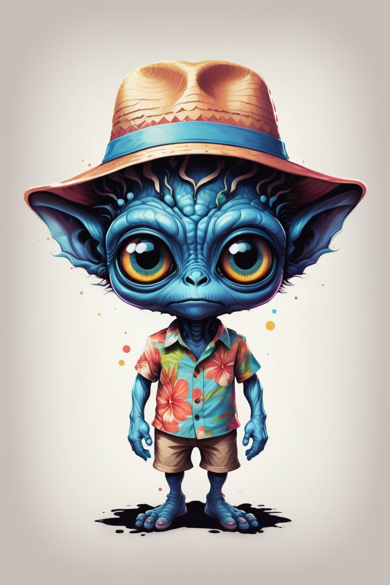 Excellence masterpice T-shirt design illustration of an {Charming miniature humanoid alien with large expressive eyes, dressed in a Hawaiian shirt and stylish summer hat, bright spots of color, bold ink lines, playful appeal conveys a whimsical character in a unique and engaging manner}, sharper, clean lines, outline, muted colors, minimum details, minimal detalled