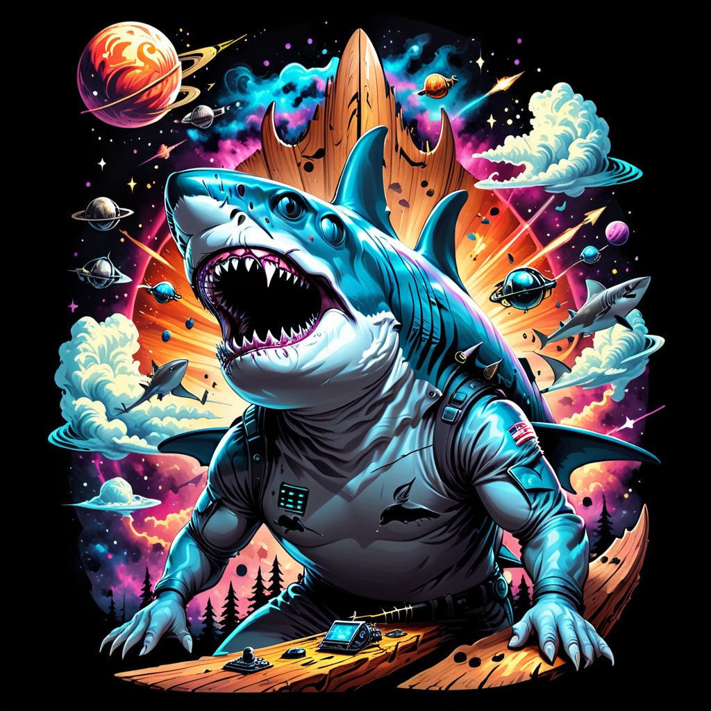 Excellence masterpice T-shirt design illustration Colossal Nebula Navigator, Shark Fin Antenna, Electrochromic Glass, Mood Lighting, Wood, Whimsical