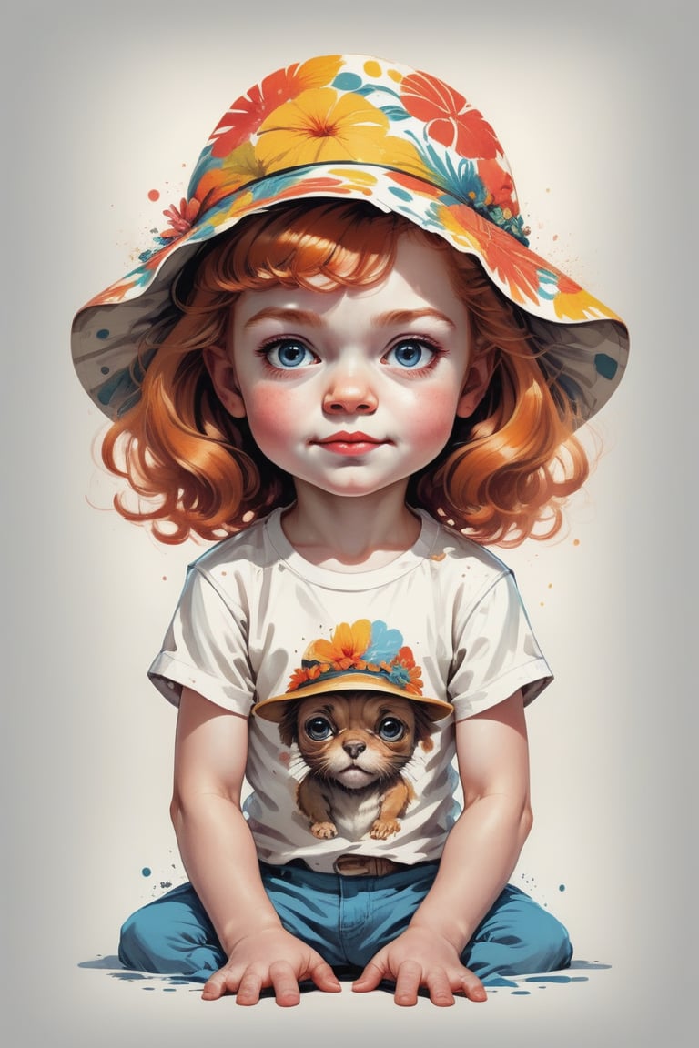 Excellence masterpice T-shirt design illustration of an {cute Sadie Sink child girl with large expressive eyes, (squatting:1.25), in a Hawaiian shirt and stylish summer hat, bright spots of color, bold ink lines, playful appeal conveys a whimsical character in a unique and engaging manner}, by (Wadim Kashin and Frank Frazetta:1.36), sharper, clean lines, outline, muted colors, minimum details, minimal detalled