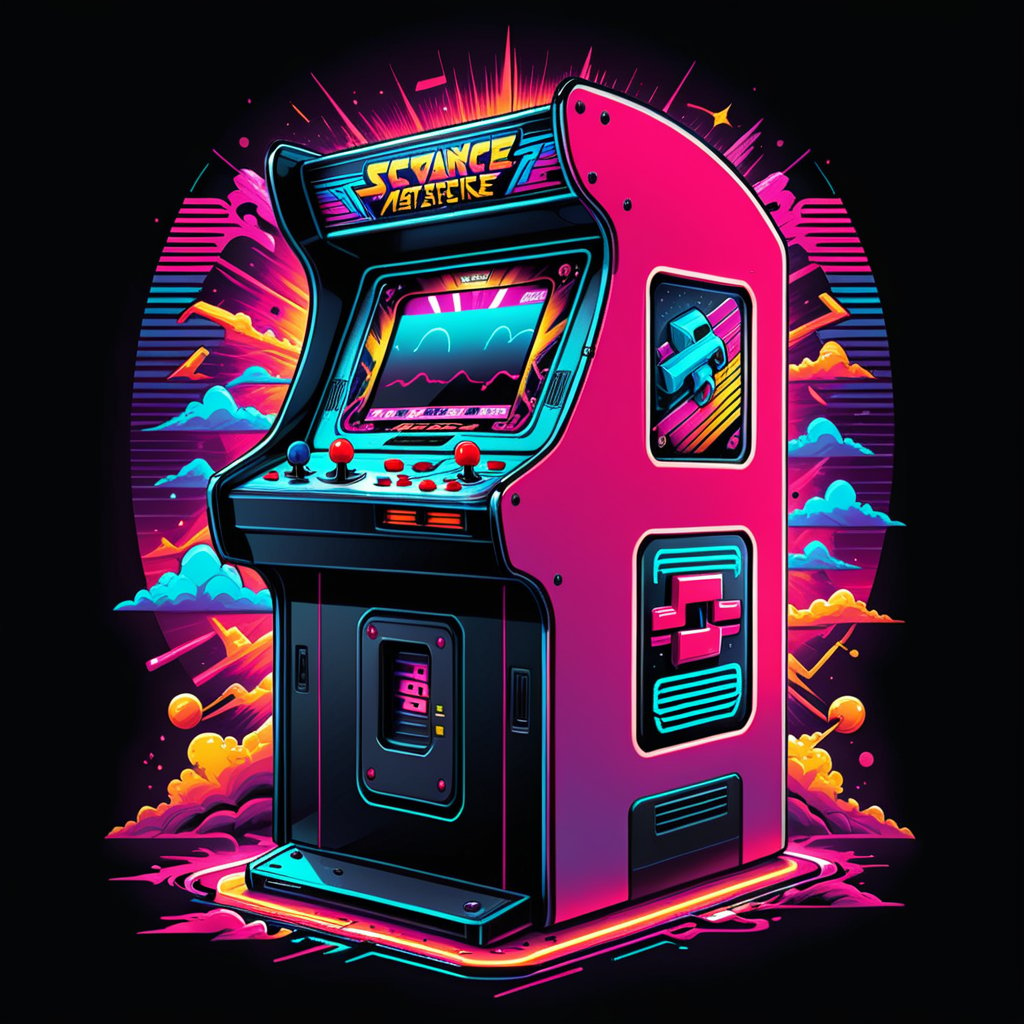 Excellence masterpice T-shirt design illustration of an Synthwave retro arcade machine, sharper, clean lines, outline, muted colors, minimum details, minimal detalled,tshirt design