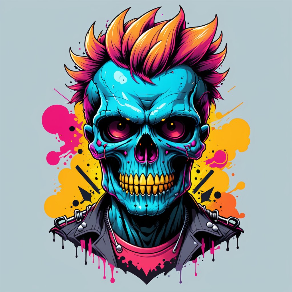 Excellence masterpice T-shirt design illustration of an colorful punk skull, sharper, clean lines, outline, muted colors, minimum details, minimal detalled,tshirt design