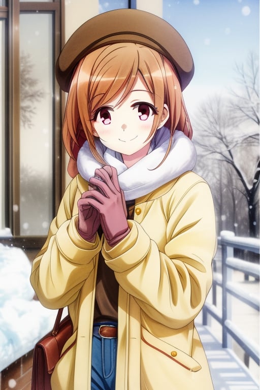 <lora:Dark Gathering - Eiko Hozuki:0.6> masterpiece, best quality, ultra quality, 1girl, Eiko Hozuki, brown hair, smiling, winter, wearing hats, gloves  <lora:add_detail:1>