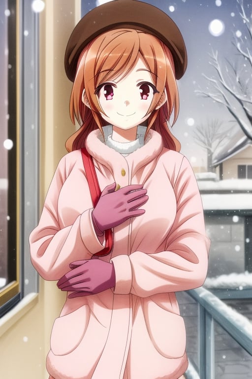 <lora:Dark Gathering - Eiko Hozuki:0.6> masterpiece, best quality, ultra quality, 1girl, Eiko Hozuki, brown hair, smiling, winter, wearing hats, gloves  <lora:add_detail:1>