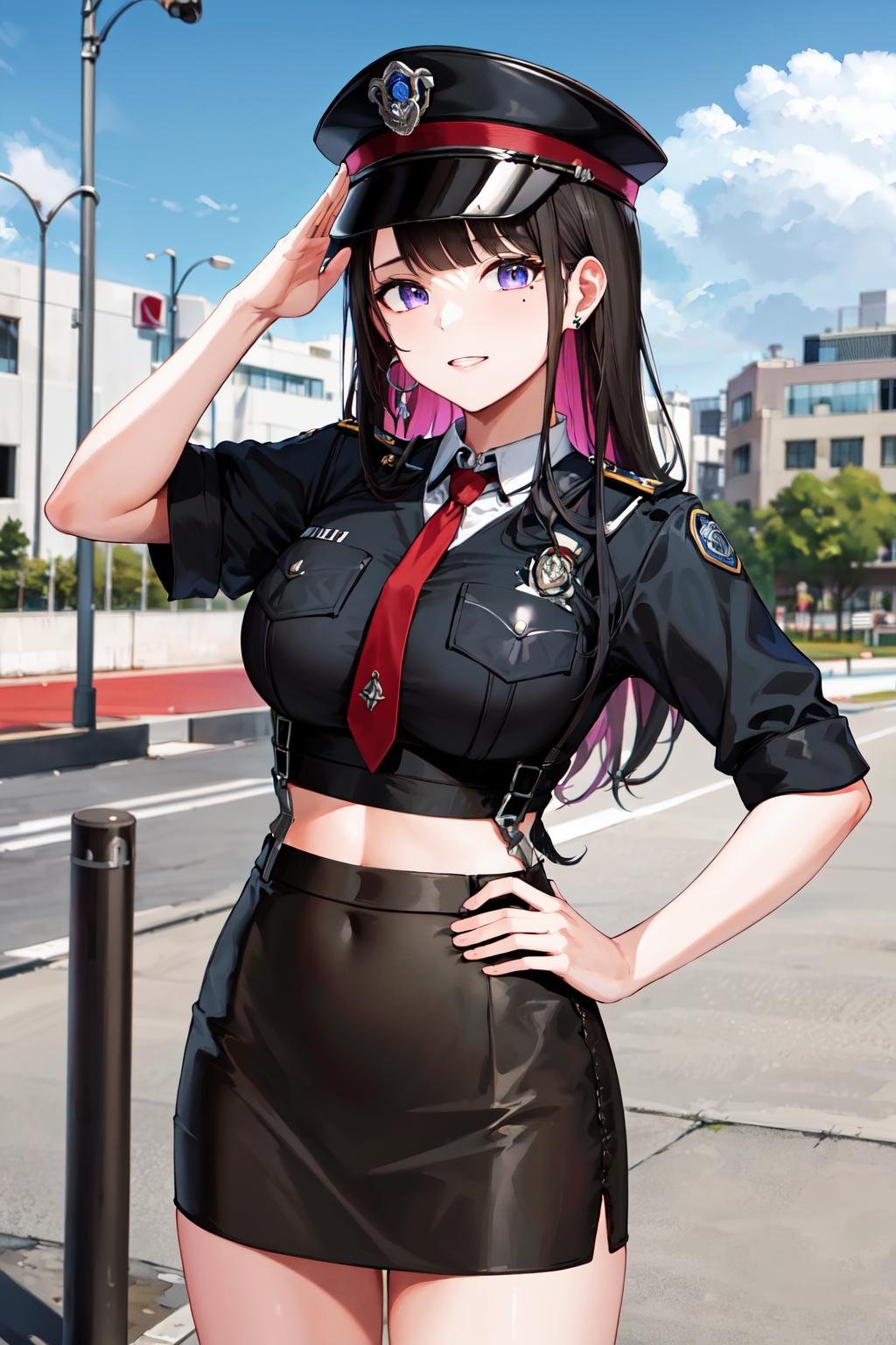 masterpiece, best quality, highres, hmkm1, mole under eye, earring, <lora:koinoya_mai_v1:0.7>, police uniform, police hat, salute, hand on hip, outdoors, skirt, necktie, 