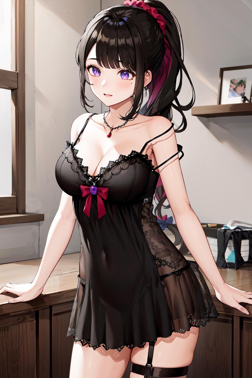 masterpiece, best quality, highres, hmkm1, ponytail, mole under eye, cleavage, jewelry, necklace, hair scrunchie, strap slip, black dress, thigh strap, <lora:koinoya_mai_v1:0.7>, indoors, standing, cowboy shot