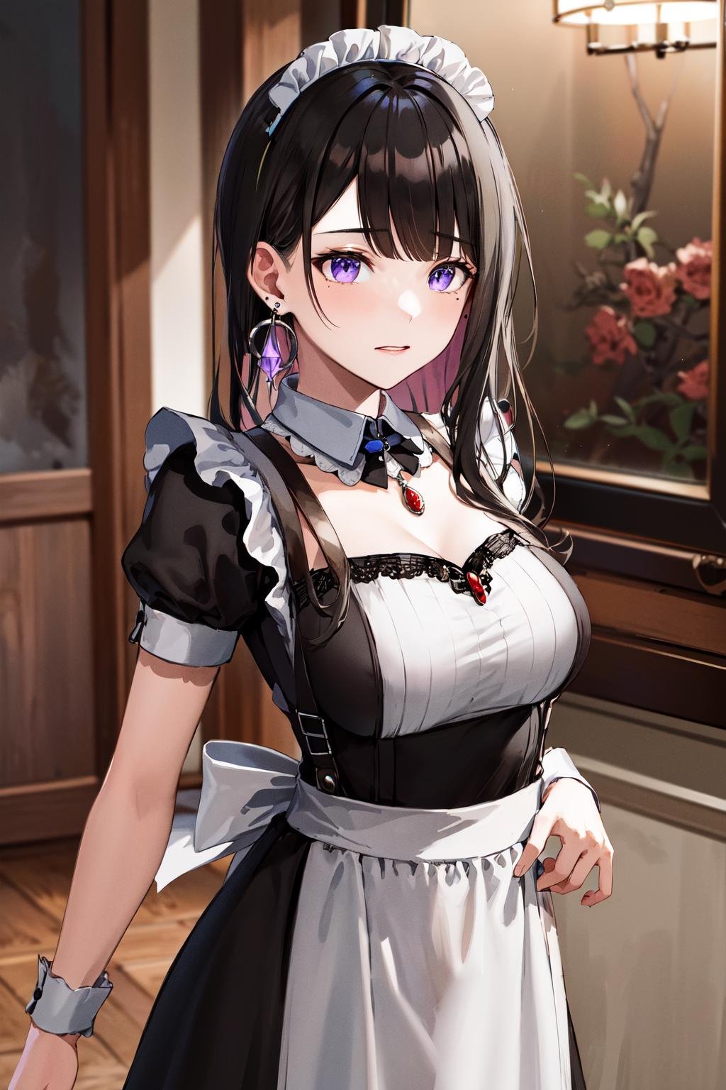 masterpiece, best quality, highres, hmkm1, mole under eye, earring, <lora:koinoya_mai_v1:0.7>, maid, maid headdress, maid apron, 