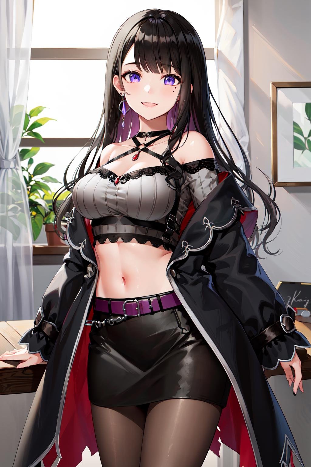 masterpiece, best quality, highres, hmkm1, mole under eye, earrings, jewelry, off shoulder, midriff, black skirt, halterneck, crop top, black coat, belt, pantyhose, <lora:koinoya_mai_v1:0.7>, standing, cowboy shot, smile, 