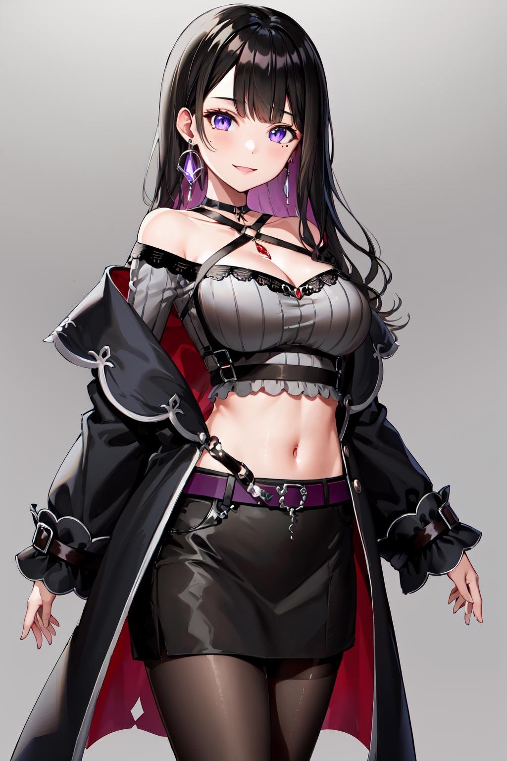 masterpiece, best quality, highres, hmkm1, mole under eye, earrings, jewelry, off shoulder, midriff, black skirt, halterneck, crop top, black coat, belt, pantyhose, <lora:koinoya_mai_v1:0.7>, standing, cowboy shot, smile, 