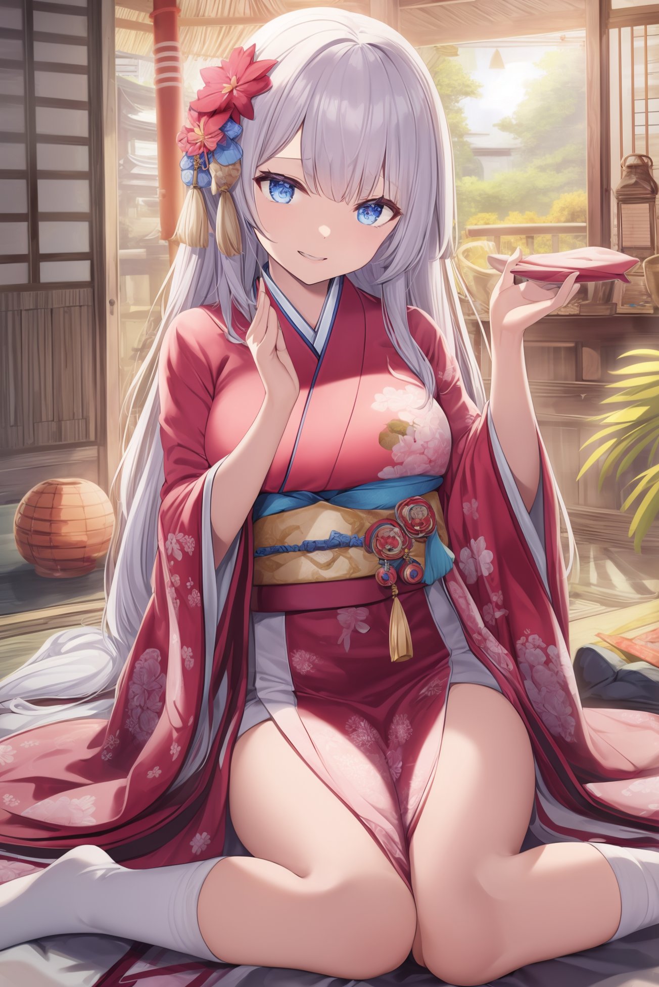 japanese clothes, virtual youtuber, kimono, hair ornament, blonde hair, solo, blue eyes, looking at viewer, smile, outdoors, monocle hair ornament, bangs, holding, flower, open mouth, bob cut, floral print, omikuji, blush, sash, :d, hair flower, day, long sleeves, obi, short hair, east asian architecture, architecture, print kimono, yellow kimono, wide sleeves, teeth, tree, new year, medium hair,