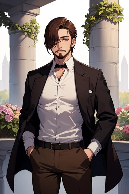 (masterpiece, best quality:1.2), pillar, vines, flowers, solo, male focus, 1boy, facial hair, expressionless, looking at viewer, brown hair, hair over one eye, open clothes, coat, brown pants