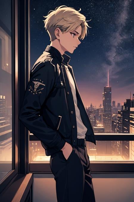 (masterpiece, best quality:1.2), night, star \(sky\), cityscape scenery, from side, solo, male focus, 1boy, looking to the side, short hair, jacket, pants