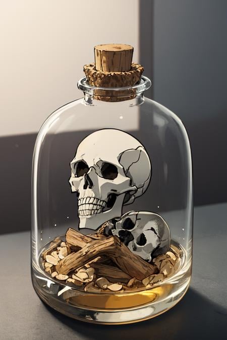(masterpiece, best quality:1.2), no humans, skull inside a glass bottle