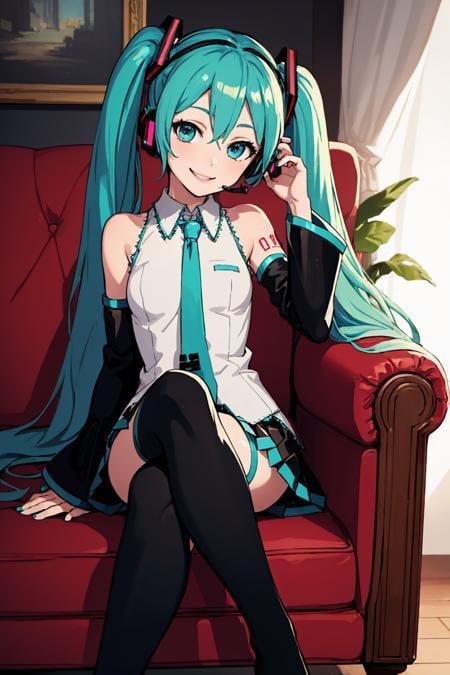 (masterpiece, best quality:1.2), solo, 1girl, hatsune miku, smile, looking at viewer, sitting, crossed legs, couch, twintails, headset, sleeveless shirt, necktie, detached sleeves, skirt, thighhighs