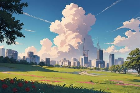 (masterpiece, best quality:1.2), no humans, landscape scenery, (grass:1.2), tree, skyscraper in the middle of nowhere, vine, flower, rose, blue sky, cloud