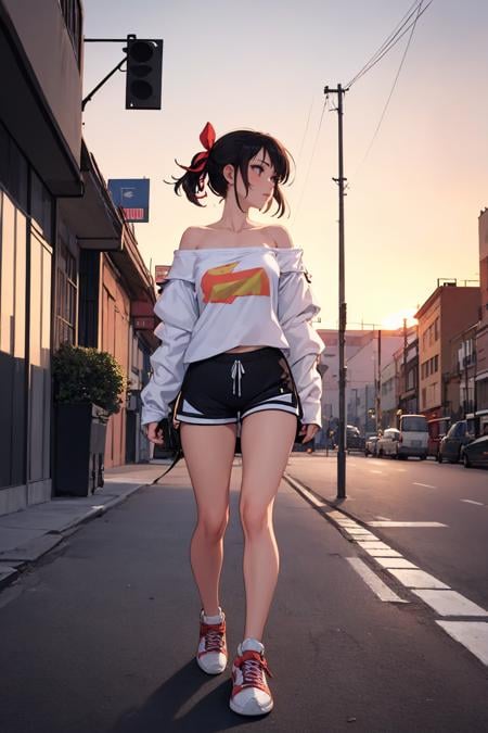 (masterpiece, best quality:1.2), full body, solo, 1girl, looking away, walking, hair ribbon, off-shoulder shirt, shorts, sneakers, city street, sunset