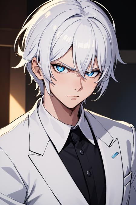 (masterpiece, best quality:1.2), solo, male focus, 1boy, serious, closed mouth, looking at viewer, white hair, blue eyes, bright pupils, white tuxedo