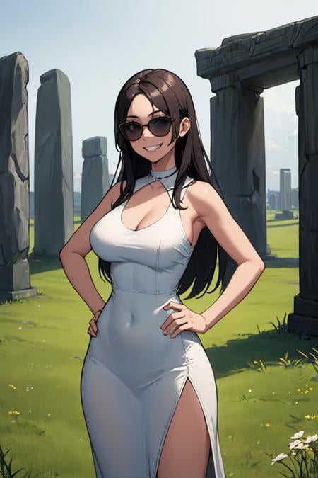 (masterpiece, best quality:1.2), stonehenge, grass, scenery, solo, 1girl, grin, looking at viewer, hands on hips, long hair, sunglasses, white dress, large breasts