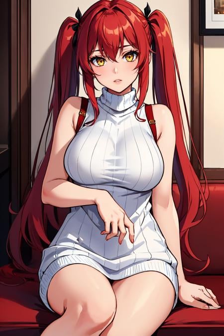 (masterpiece, best quality:1.2), solo, 1girl, parted lips, looking at viewer, long hair, red hair, twintails, yellow eyes, white sweater, sweater dress, sleeveless, bare legs, large breasts