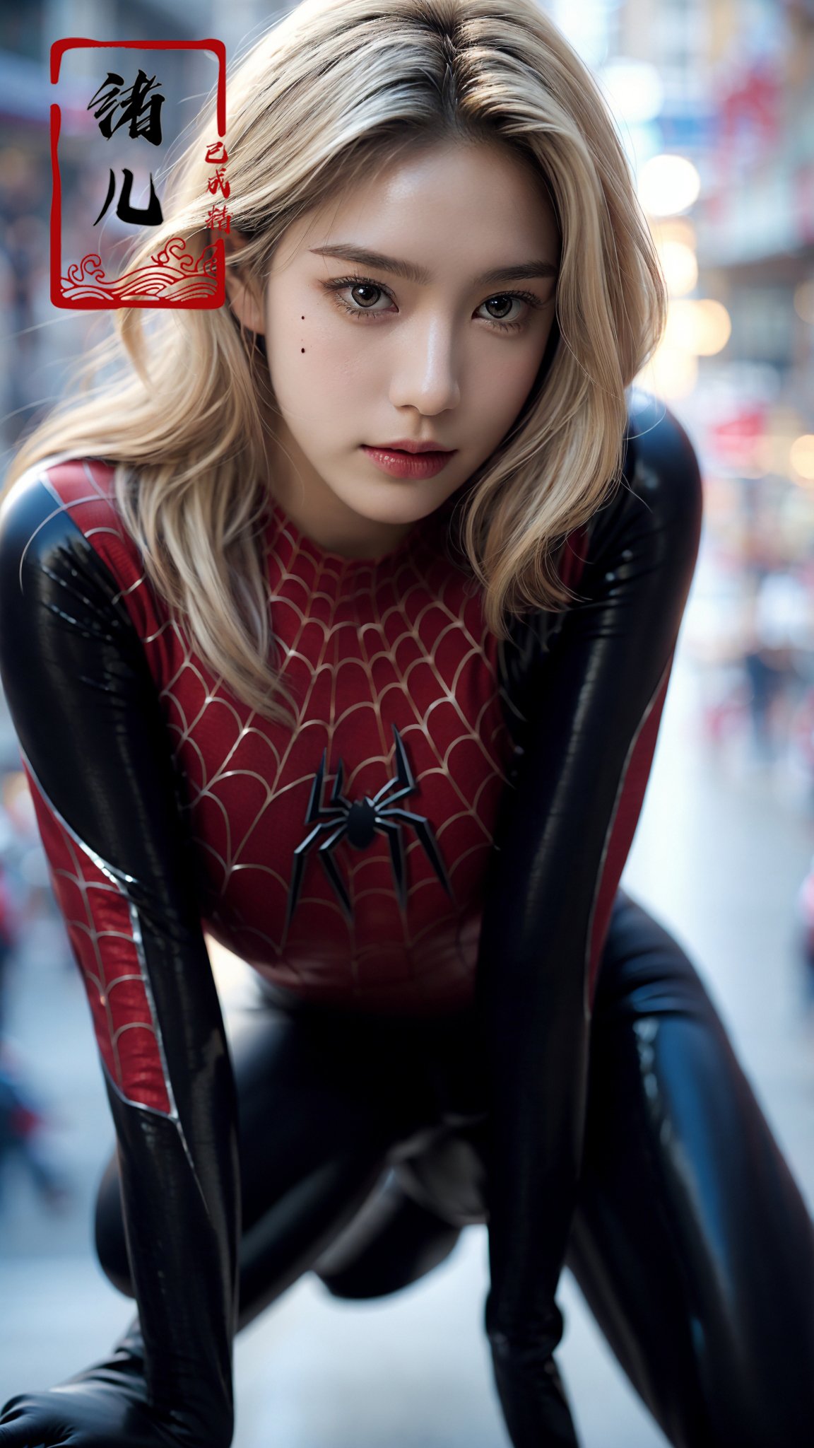 blury background,depth of field,black Spider Man costume,1gir, solo,lips, (shiny skin:1.5)，skin tight, mole under eye, blonde hair,spider web print, gloves，arm support，<lora:绪儿-蜘﷿侠 black Spider Man costume:0.8>