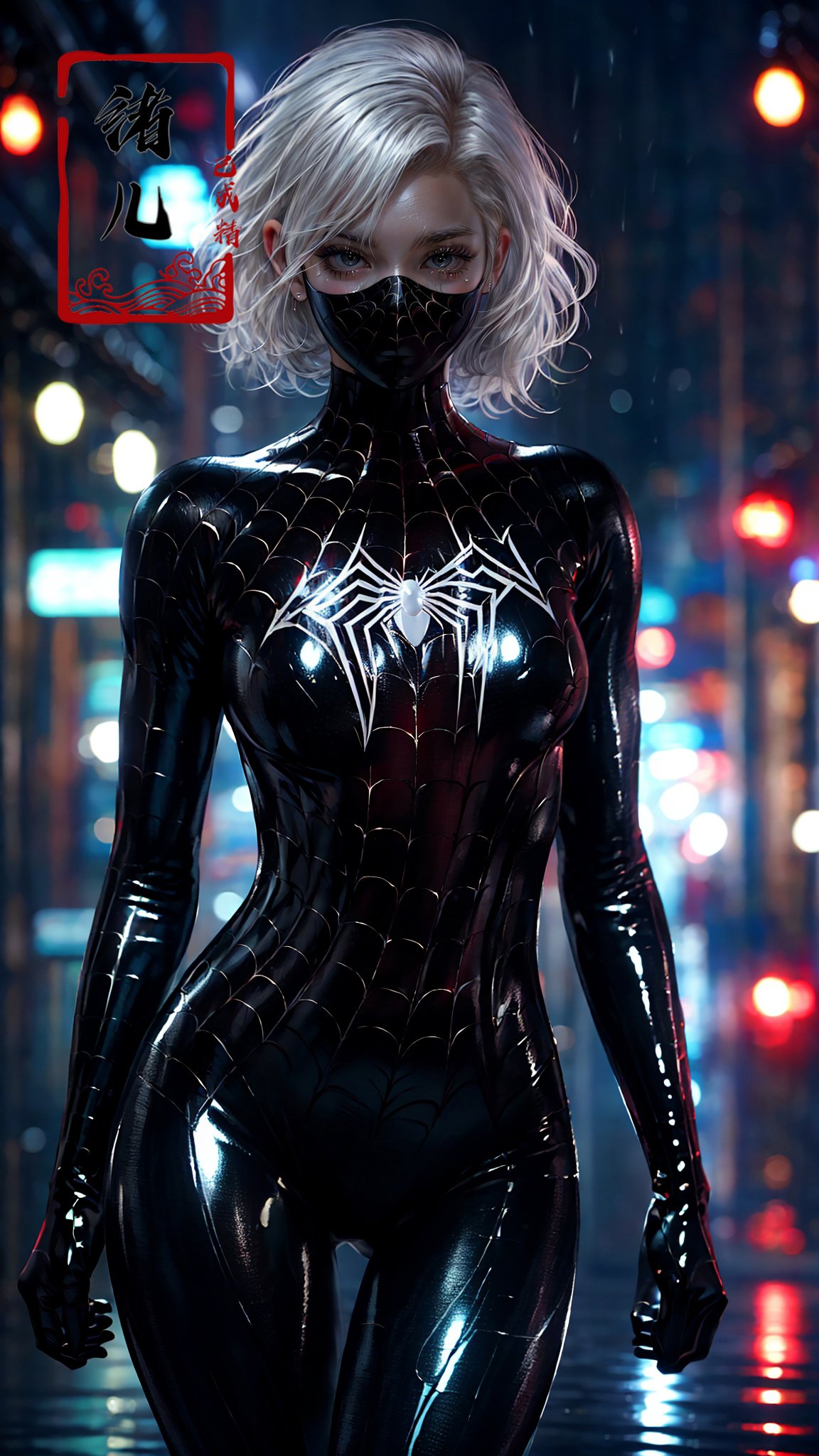 blury background,depth of field, Rainy night, water,Rainy，black Spider Man costume,1gir, solo, mask， (shiny skin:1.5)，skin tight, mole under eye, White hair,,spider web print, gloves，arm support，<lora:绪儿-蜘﷿侠 black Spider Man costume:0.8>