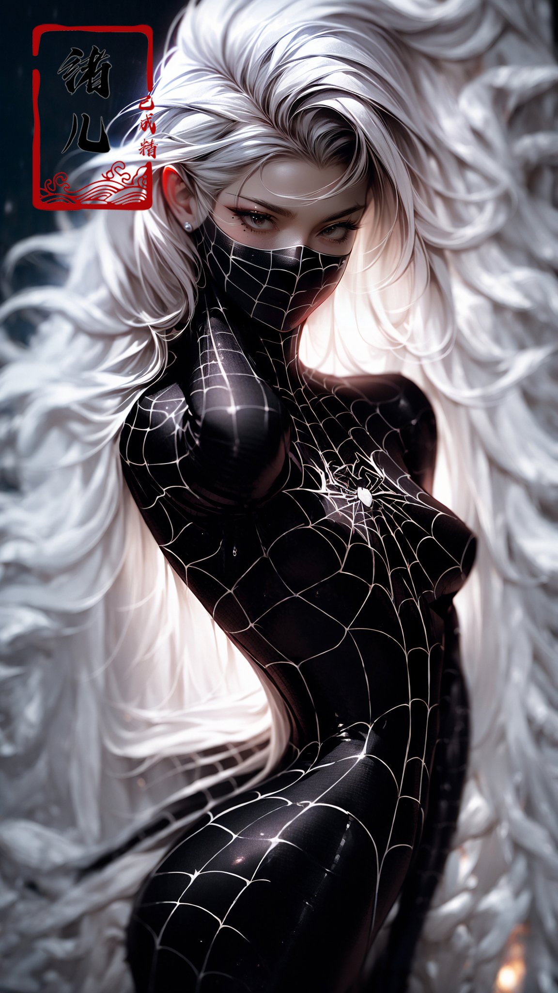 blury background,depth of field, Rainy night, water,Rainy，black Spider Man costume,1gir, solo,lips, (shiny skin:1.5)，skin tight, mole under eye, White hair,,spider web print, gloves，arm support，<lora:绪儿-蜘﷿侠 black Spider Man costume:0.8>