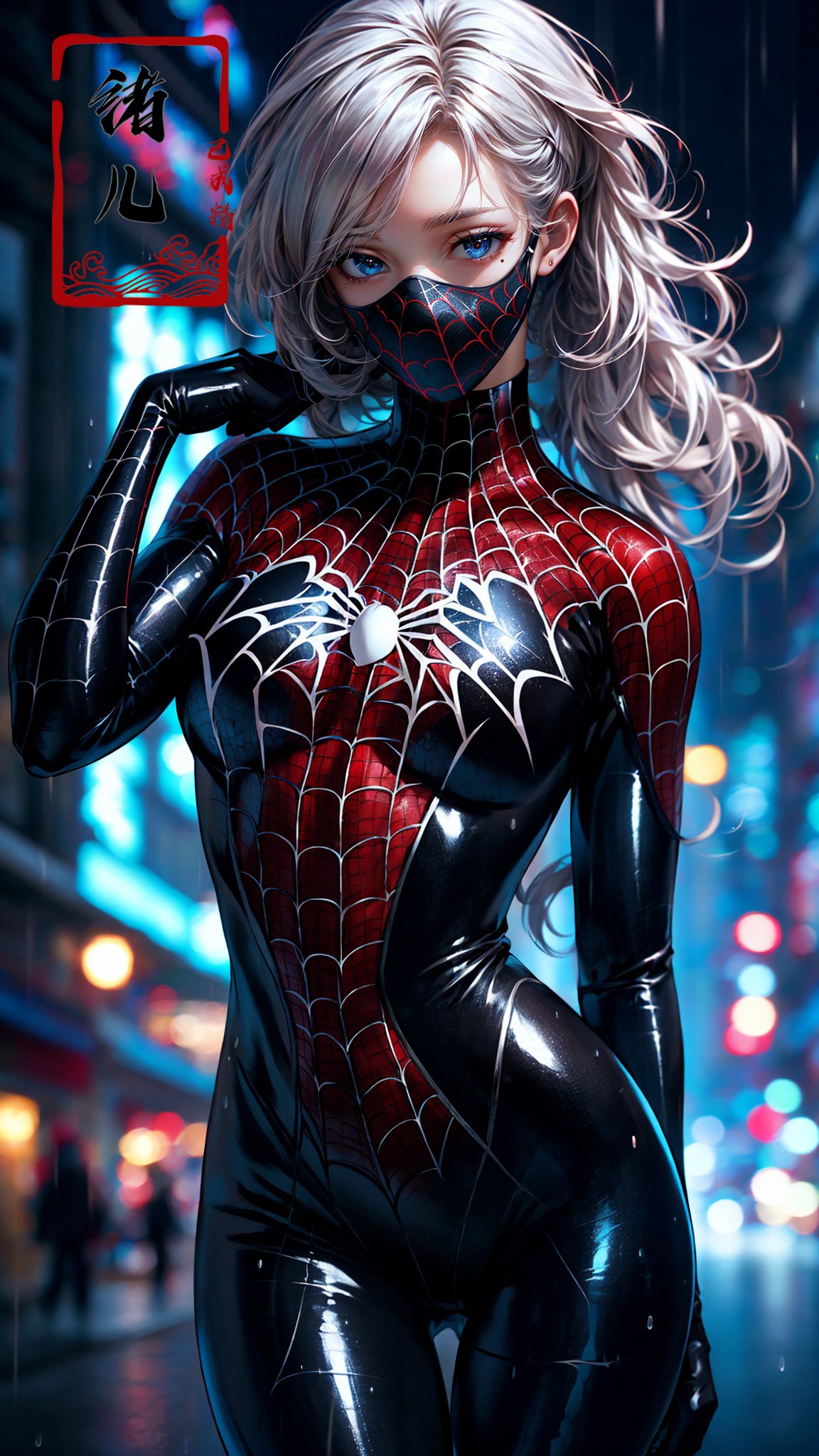 blury background,depth of field, Rainy night, water,Rainy，black Spider Man costume,1gir, solo, mask， (shiny skin:1.5)，skin tight, mole under eye, White hair,,spider web print, gloves，arm support，<lora:绪儿-蜘﷿侠 black Spider Man costume:0.8>