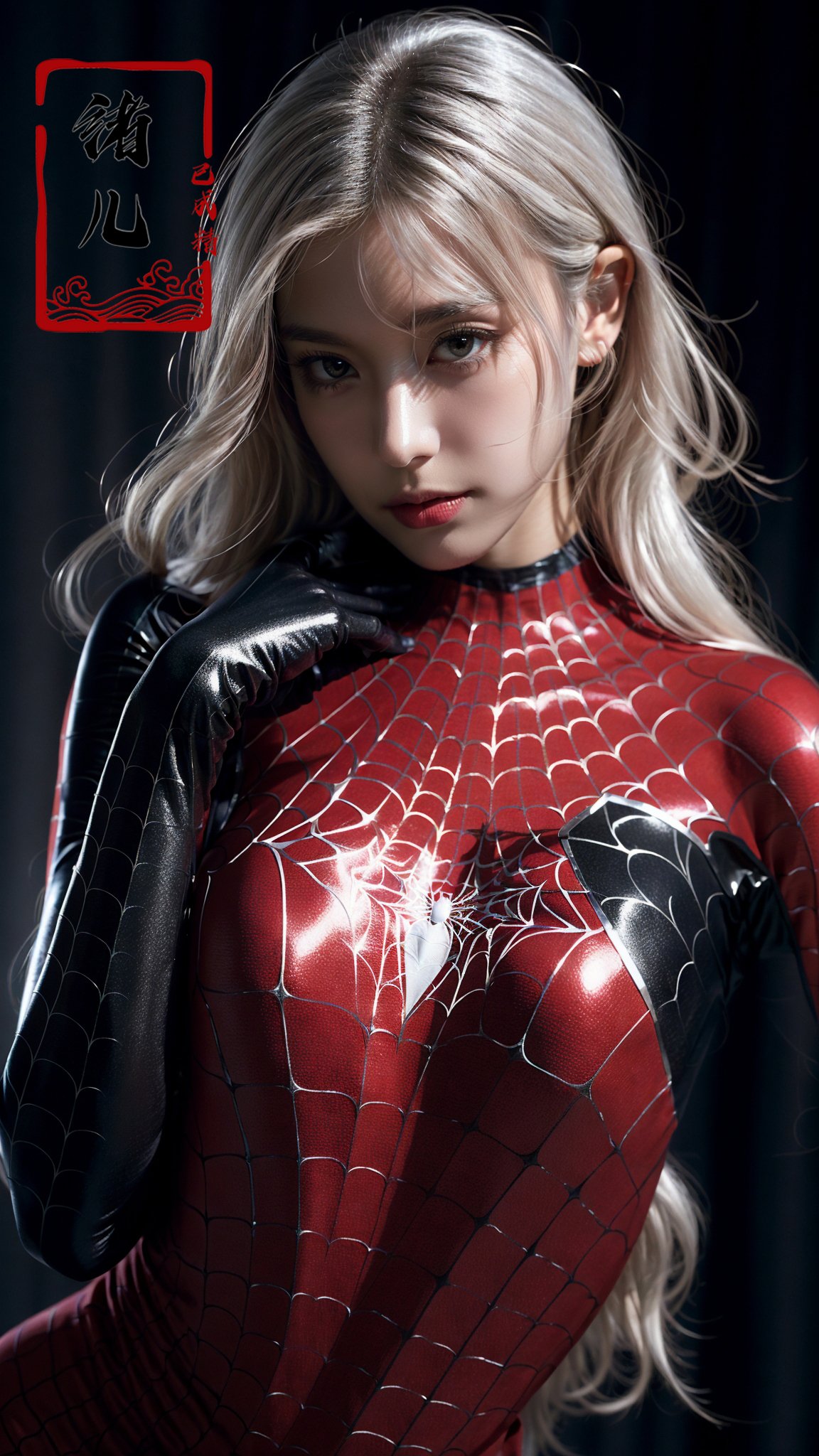 blury background,depth of field,black Spider Man costume,1gir, solo,lips, (shiny skin:1.5)，skin tight, mole under eye, White hair,,spider web print, gloves，arm support，<lora:绪儿-蜘﷿侠 black Spider Man costume:0.8>